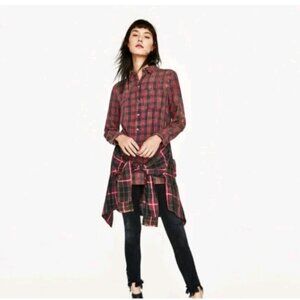 Zara Woman Red Tartan Plaid Soft Knit Flannel Shirt Size Med